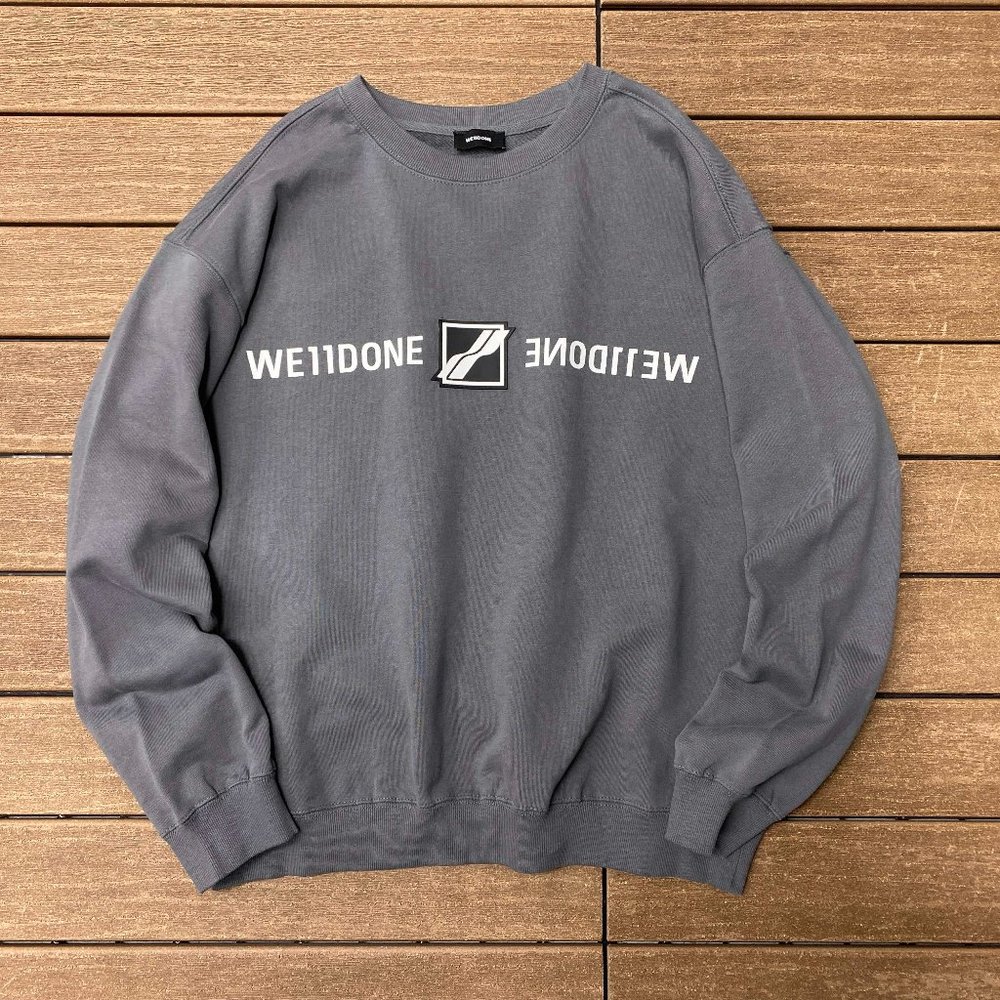 We11 Done Mirrored Logo Square Print Gray Long Sleeved Sweatshirt